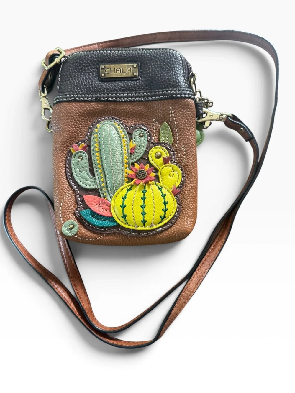 Chala Cactus Cellphone Crossbody Bag Brown Vegan Leather Smartphone Purse